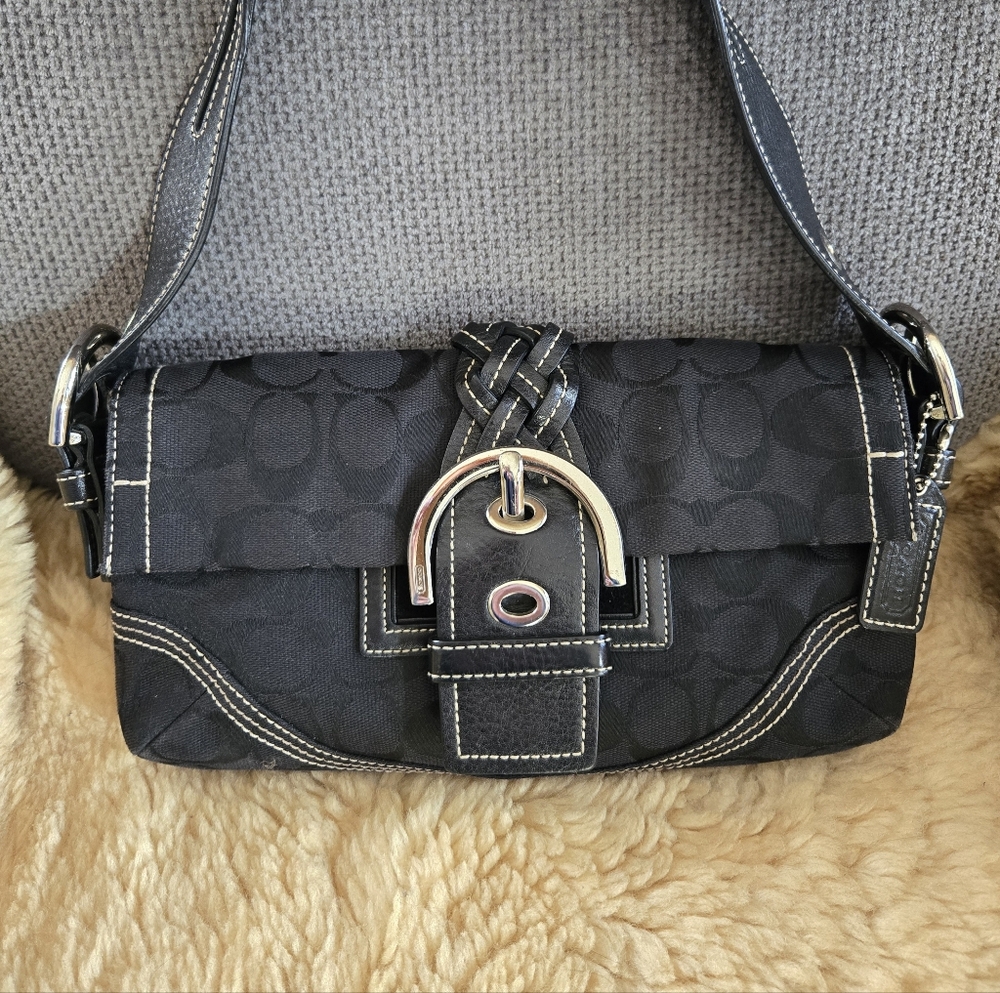 Coach Signature Sufflette Monogram Black Shoulder Bag With Leather Braiding